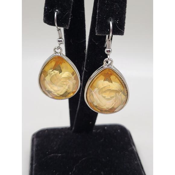 Yellow Rose Resin Teardrop Earrings Silver Tone Dangle Drop Floral Jewelry - Picture 1 of 6